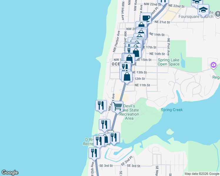 map of restaurants, bars, coffee shops, grocery stores, and more near 1025 Northwest Inlet Avenue in Lincoln City