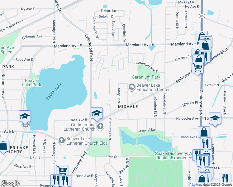 map of restaurants, bars, coffee shops, grocery stores, and more near 1045 Mary Street North in Maplewood