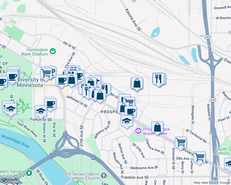 map of restaurants, bars, coffee shops, grocery stores, and more near 2899 Southeast 4th Street in Minneapolis
