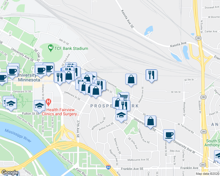 map of restaurants, bars, coffee shops, grocery stores, and more near 2899 Southeast 4th Street in Minneapolis