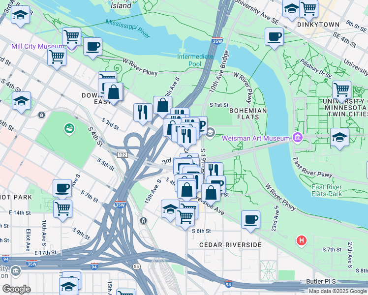 map of restaurants, bars, coffee shops, grocery stores, and more near 1423 South Washington Avenue in Minneapolis