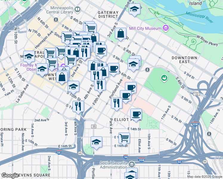 map of restaurants, bars, coffee shops, grocery stores, and more near 510 South 8th Street in Minneapolis