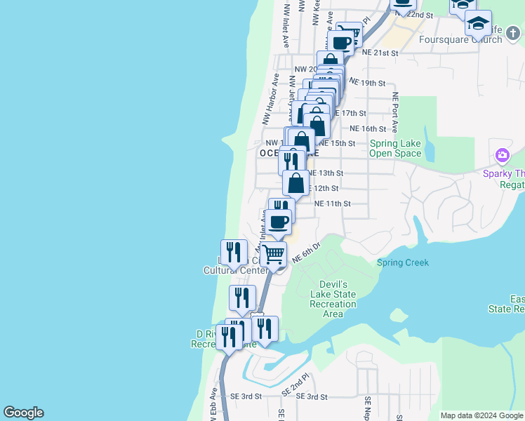 map of restaurants, bars, coffee shops, grocery stores, and more near 1025 Northwest Inlet Avenue in Lincoln City