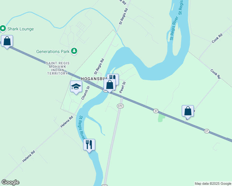 map of restaurants, bars, coffee shops, grocery stores, and more near 649 E Main St in Hogansburg