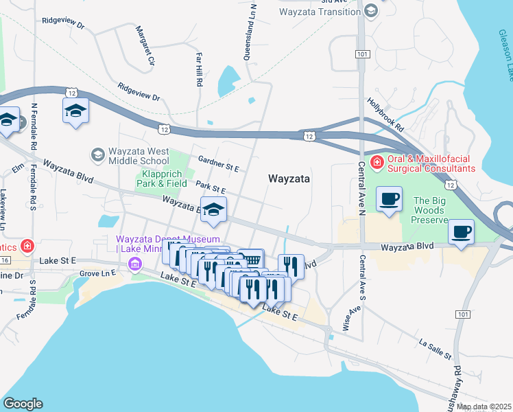 map of restaurants, bars, coffee shops, grocery stores, and more near 740 Park Street East in Wayzata