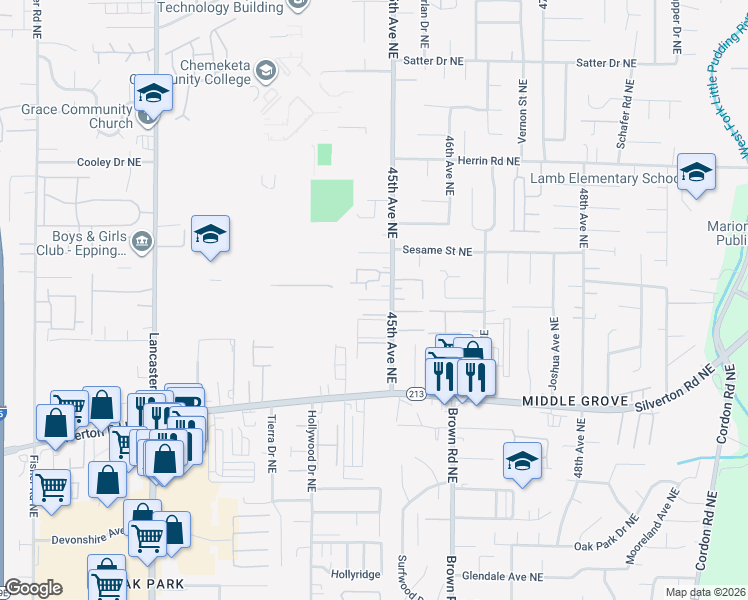 map of restaurants, bars, coffee shops, grocery stores, and more near 4463 Blueberry Lane Northeast in Salem