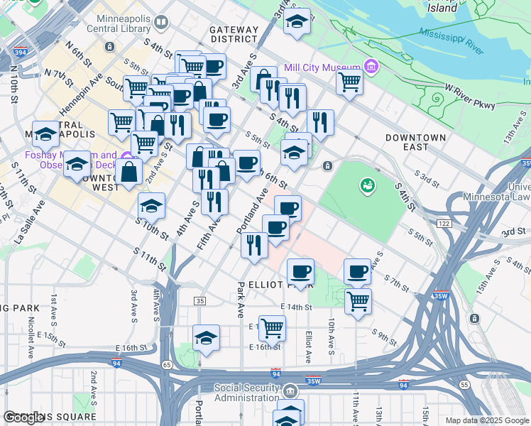map of restaurants, bars, coffee shops, grocery stores, and more near 615 South 7th Street in Minneapolis