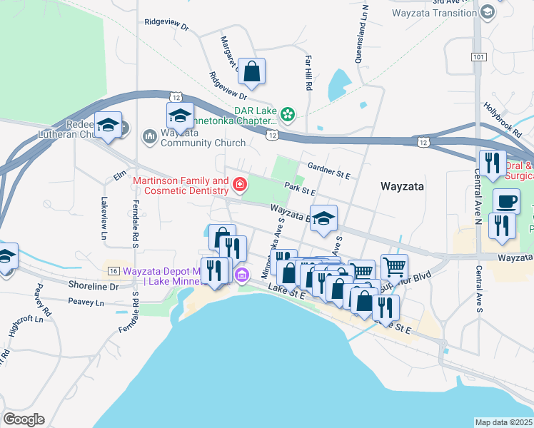 map of restaurants, bars, coffee shops, grocery stores, and more near 412 Wayzata Boulevard in Wayzata