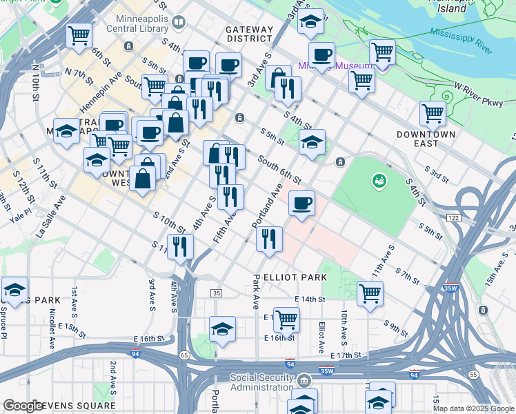 map of restaurants, bars, coffee shops, grocery stores, and more near 510 South 8th Street in Minneapolis