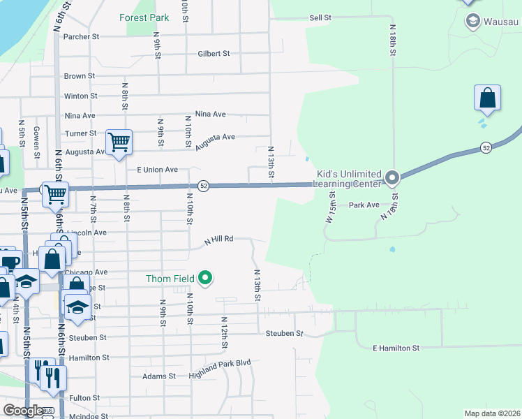 map of restaurants, bars, coffee shops, grocery stores, and more near 1243 East Wausau Avenue in Wausau