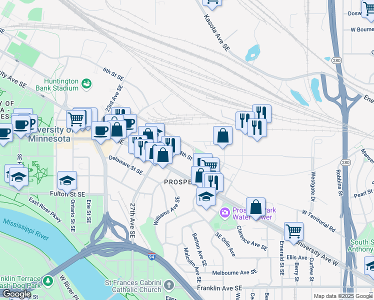 map of restaurants, bars, coffee shops, grocery stores, and more near 2899 Southeast 4th Street in Minneapolis