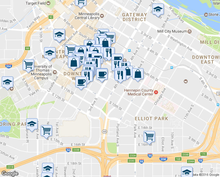 map of restaurants, bars, coffee shops, grocery stores, and more near 324 South 9th Street in Minneapolis