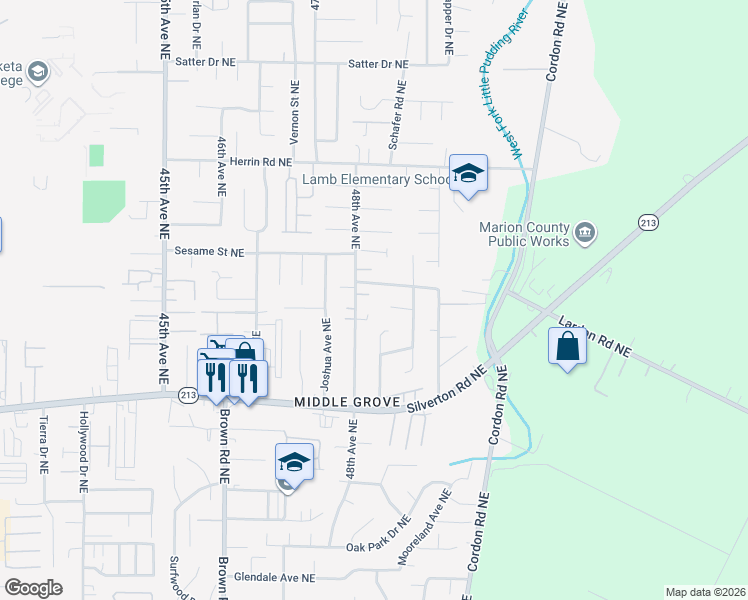 map of restaurants, bars, coffee shops, grocery stores, and more near 4848 Ricks Lane Northeast in Salem