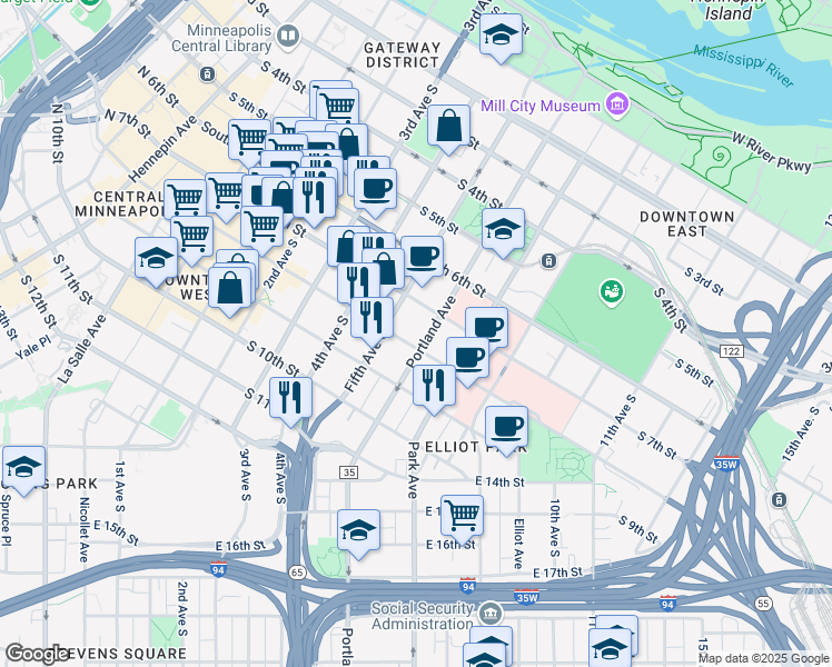 map of restaurants, bars, coffee shops, grocery stores, and more near 510 South 8th Street in Minneapolis