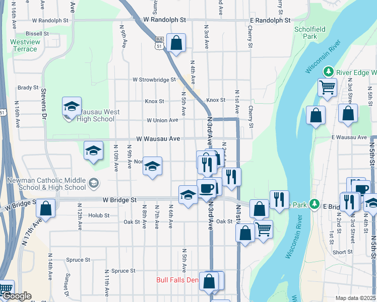 map of restaurants, bars, coffee shops, grocery stores, and more near 815 North 5th Avenue in Wausau