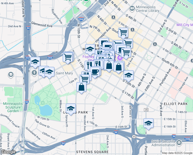 map of restaurants, bars, coffee shops, grocery stores, and more near 1100 Nicollet Mall in Minneapolis