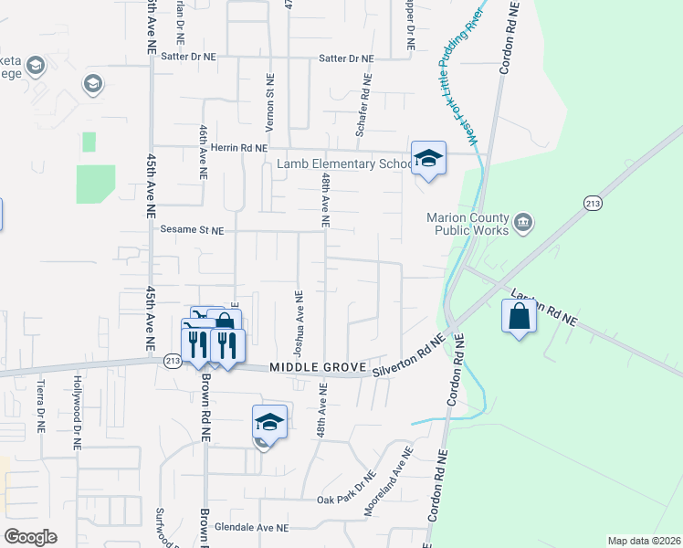 map of restaurants, bars, coffee shops, grocery stores, and more near 4848 Ricks Lane Northeast in Salem
