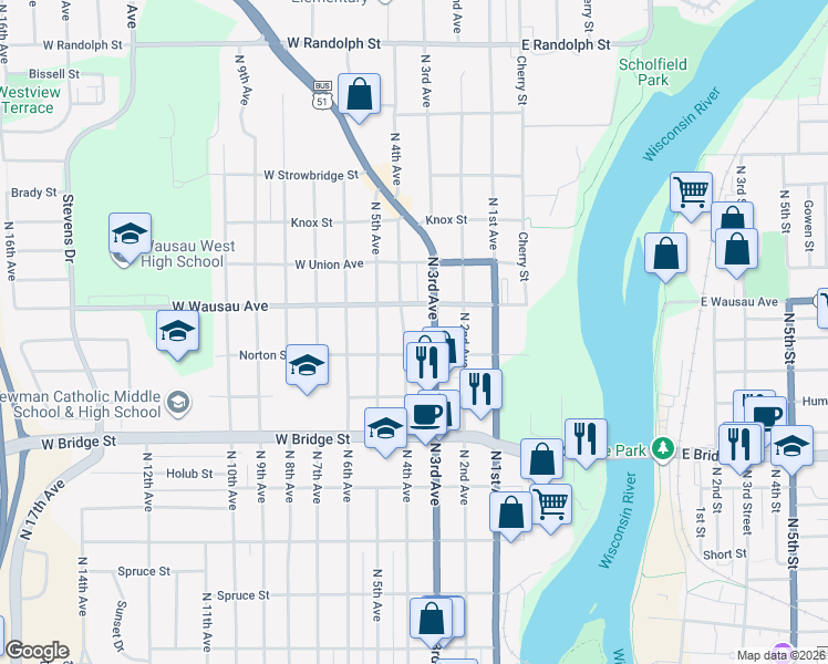 map of restaurants, bars, coffee shops, grocery stores, and more near 811 N 4th Ave in Wausau