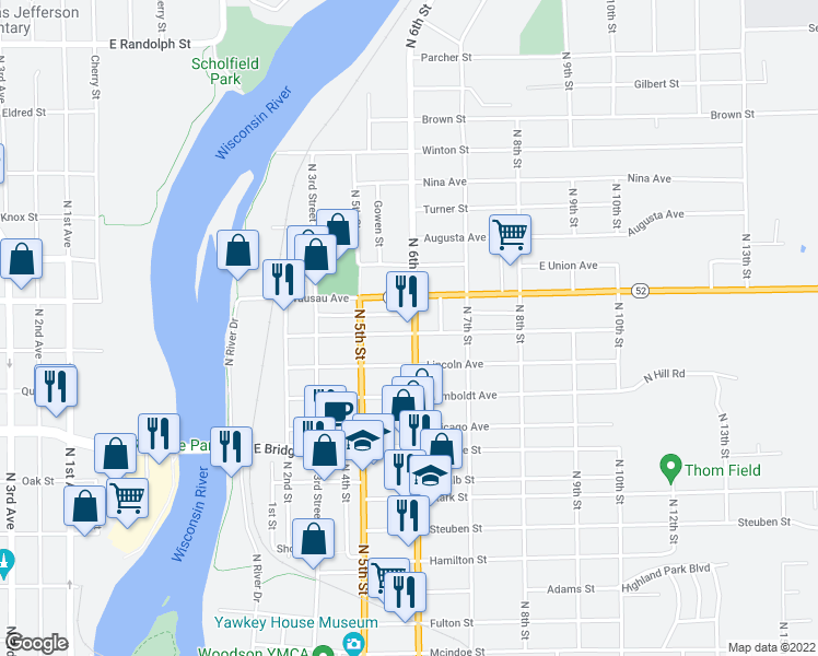 map of restaurants, bars, coffee shops, grocery stores, and more near 2002 North 6th Street in Wausau