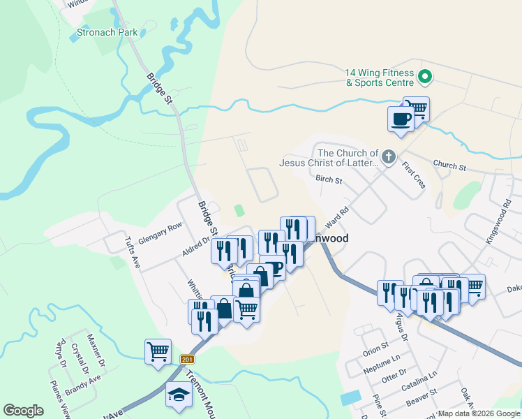map of restaurants, bars, coffee shops, grocery stores, and more near 1197 Mayhew Drive in Kingston