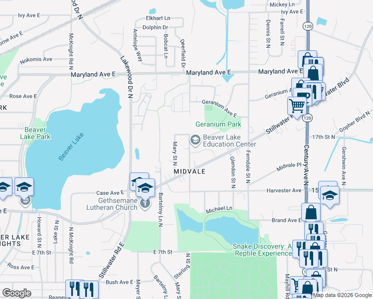 map of restaurants, bars, coffee shops, grocery stores, and more near 1049 Sterling Street North in Maplewood
