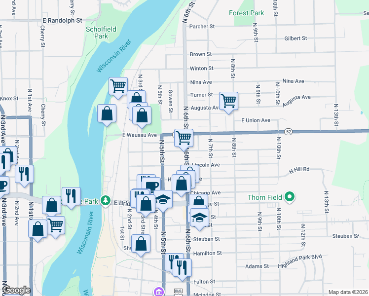 map of restaurants, bars, coffee shops, grocery stores, and more near 532 Park Avenue in Wausau