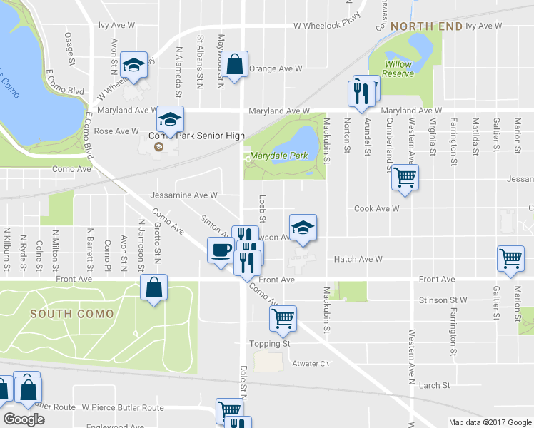 map of restaurants, bars, coffee shops, grocery stores, and more near 1054 Loeb Street in Saint Paul