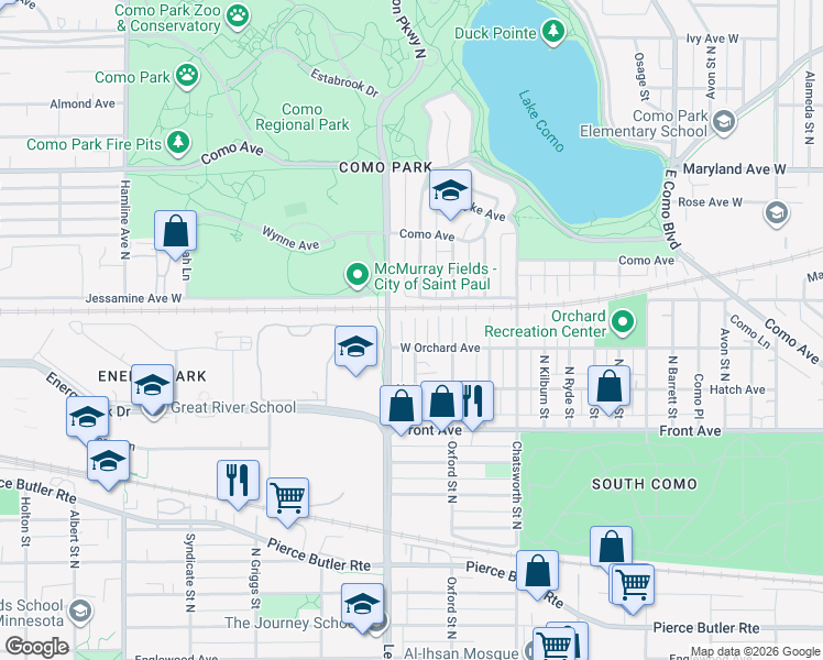 map of restaurants, bars, coffee shops, grocery stores, and more near 1065 North Churchill Street in Saint Paul