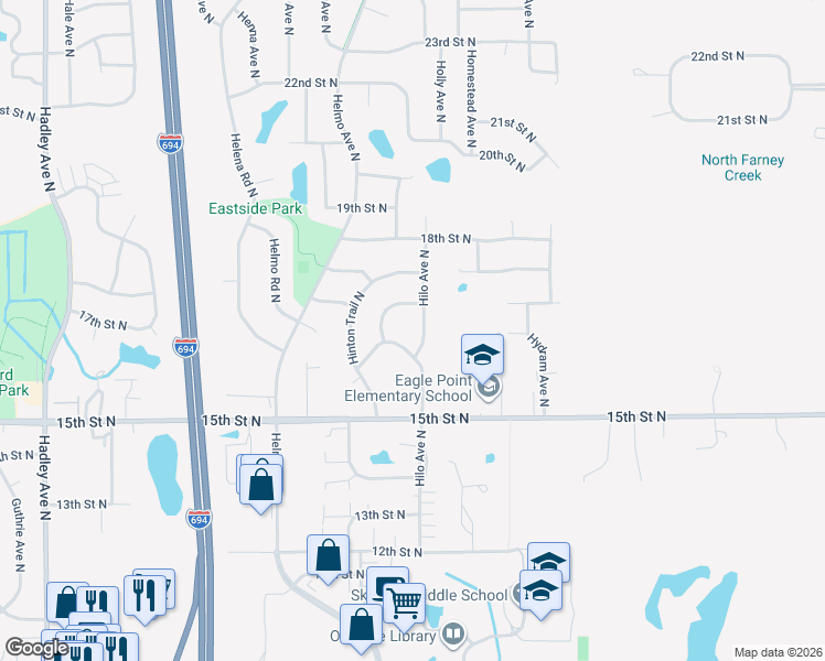 map of restaurants, bars, coffee shops, grocery stores, and more near 1668 Hilo Avenue North in Oakdale