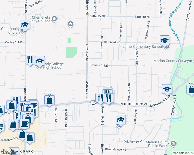 map of restaurants, bars, coffee shops, grocery stores, and more near 4505 Fellowship Way Northeast in Salem