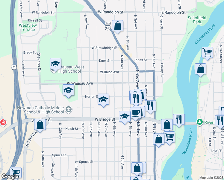 map of restaurants, bars, coffee shops, grocery stores, and more near 816 N 6th Ave in Wausau
