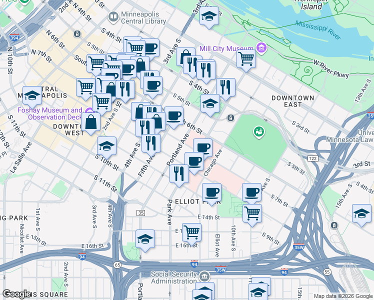map of restaurants, bars, coffee shops, grocery stores, and more near 615 South 7th Street in Minneapolis