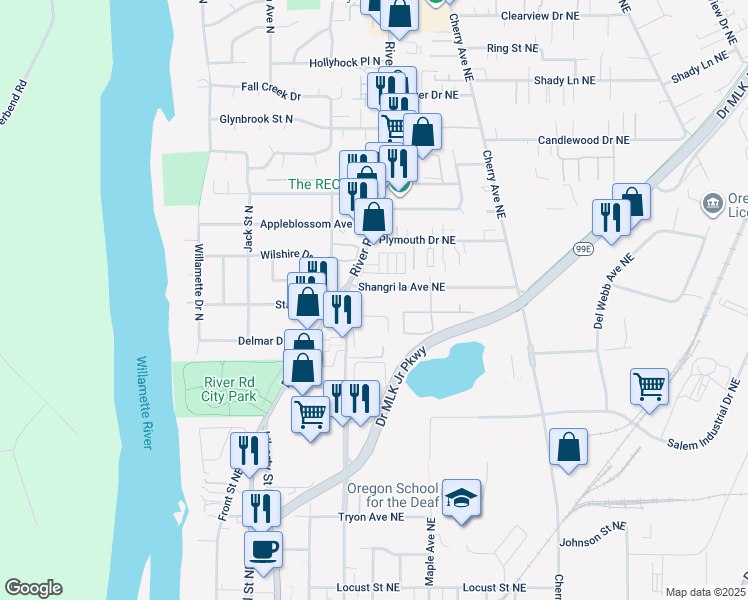 map of restaurants, bars, coffee shops, grocery stores, and more near 622 Shangri la Avenue Northeast in Salem