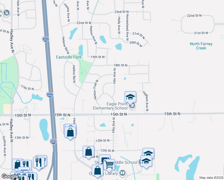 map of restaurants, bars, coffee shops, grocery stores, and more near 1668 Hilo Avenue North in Oakdale