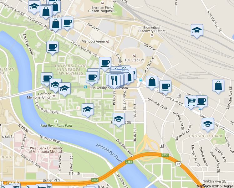 map of restaurants, bars, coffee shops, grocery stores, and more near 313 Delaware Street Southeast in Minneapolis