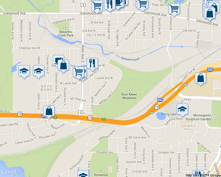 map of restaurants, bars, coffee shops, grocery stores, and more near 440 Morgan Avenue South in Minneapolis