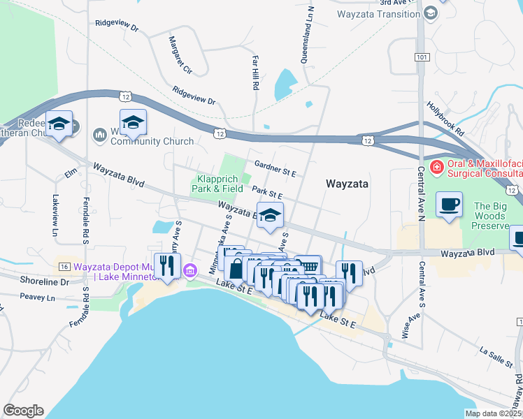 map of restaurants, bars, coffee shops, grocery stores, and more near 120 Walker Avenue North in Wayzata