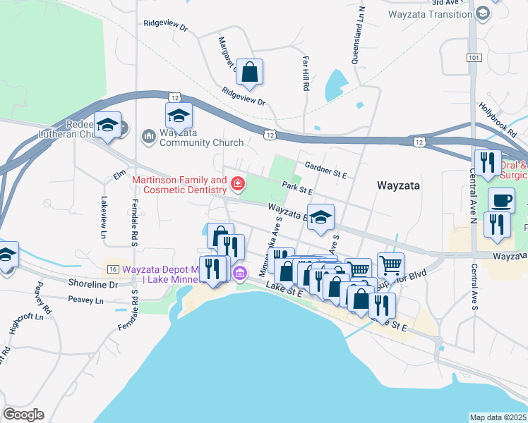 map of restaurants, bars, coffee shops, grocery stores, and more near 412 Wayzata Boulevard in Wayzata