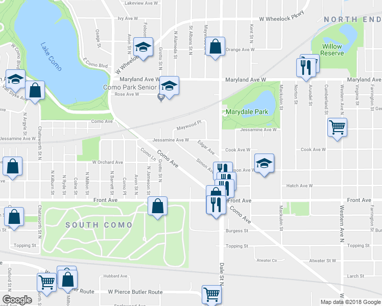 map of restaurants, bars, coffee shops, grocery stores, and more near 725 Simon Avenue in Saint Paul