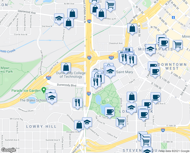 map of restaurants, bars, coffee shops, grocery stores, and more near 1600 Hennepin Avenue in Minneapolis