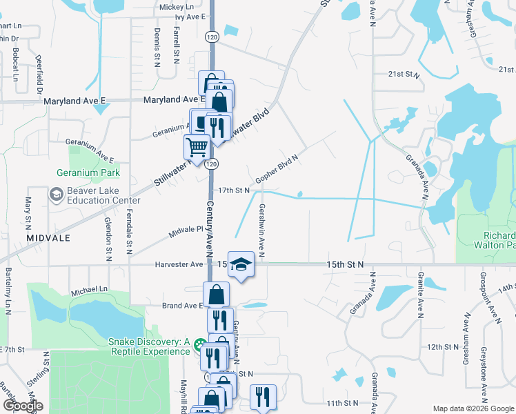 map of restaurants, bars, coffee shops, grocery stores, and more near 1646 Gershwin Avenue North in Saint Paul
