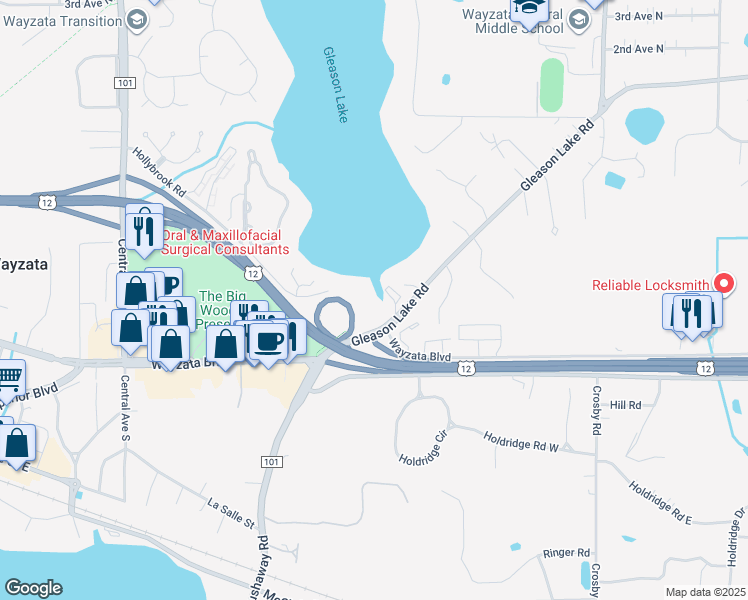map of restaurants, bars, coffee shops, grocery stores, and more near 155 Gleason Lake Road in Wayzata