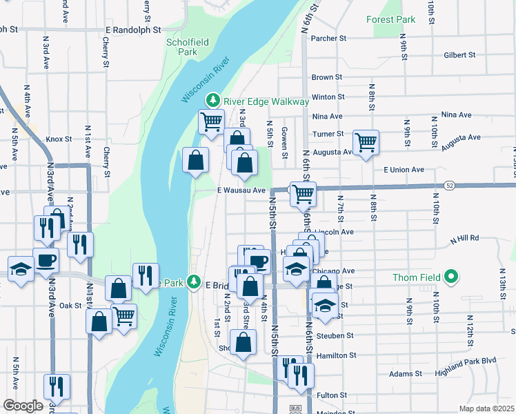 map of restaurants, bars, coffee shops, grocery stores, and more near 314 Park Avenue in Wausau