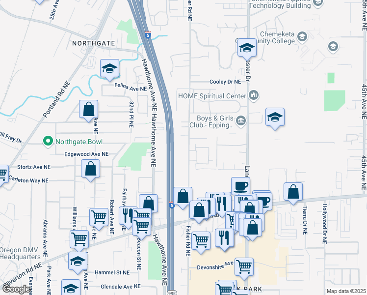 map of restaurants, bars, coffee shops, grocery stores, and more near 3713 Fisher Road Northeast in Salem