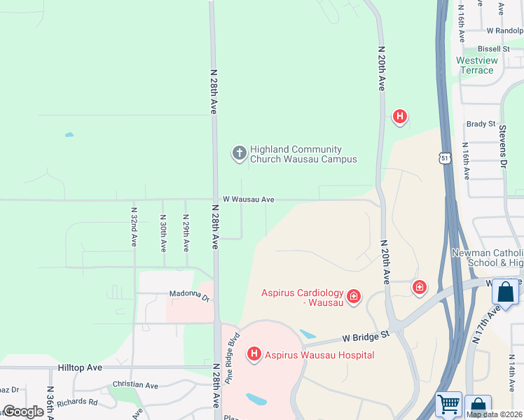 map of restaurants, bars, coffee shops, grocery stores, and more near 818 N 26th Ave in Wausau