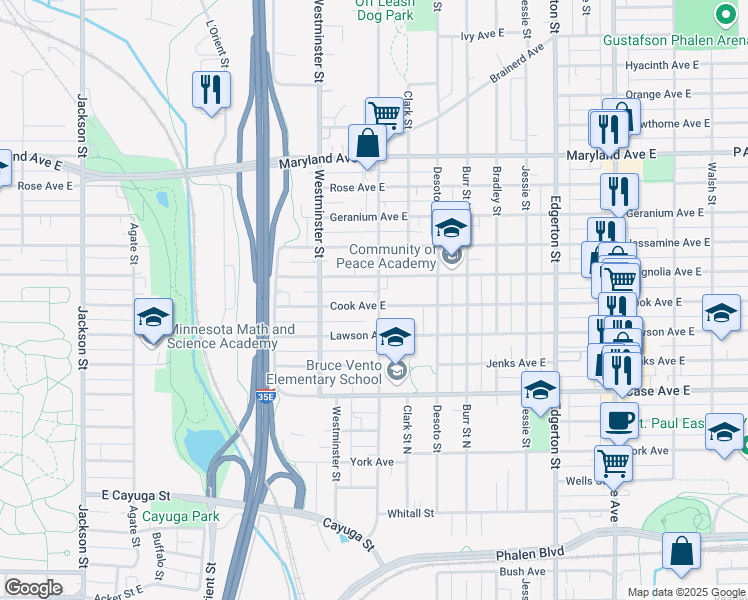 map of restaurants, bars, coffee shops, grocery stores, and more near 395 Cook Avenue in Saint Paul