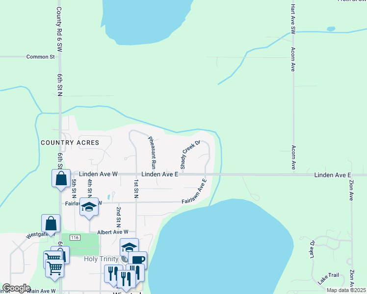 map of restaurants, bars, coffee shops, grocery stores, and more near 520 Shady Creek Drive in Winsted