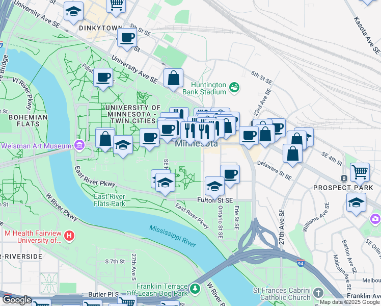 map of restaurants, bars, coffee shops, grocery stores, and more near 315 Walnut St SE in Minneapolis