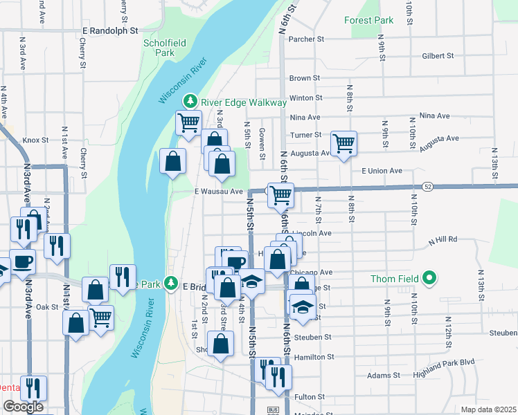 map of restaurants, bars, coffee shops, grocery stores, and more near 508 Park Ave in Wausau