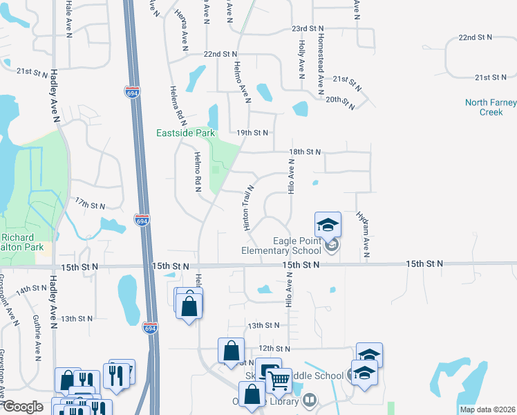 map of restaurants, bars, coffee shops, grocery stores, and more near 1674 Heron Lane North in Oakdale